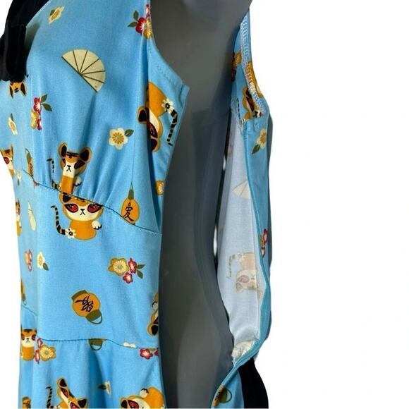 Voodoo Vixen Rockabilly 50s Swing Dress Blue Cat Print Retro Pinup Flair Size S - Picture 8 of 13